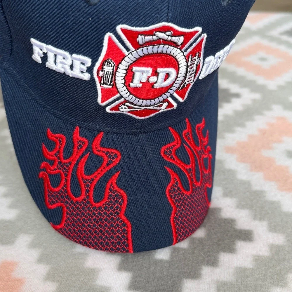 NEW Embroidered Fire Dept FD Cap with Red Flame Visor - navy blue one size